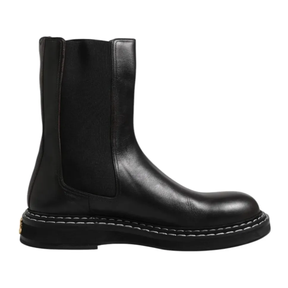 Black Leather Mid Calf Boots with Logo