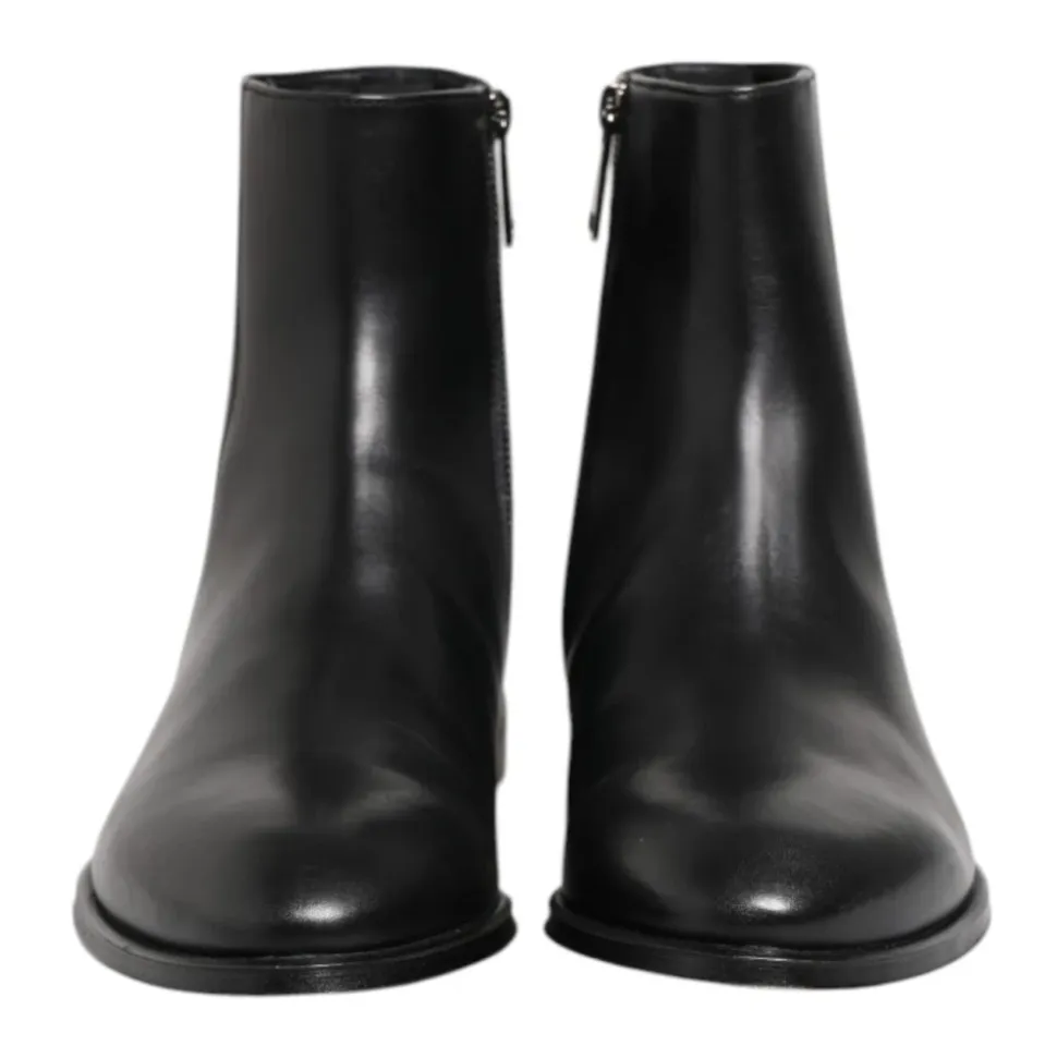 Black Leather Mid Calf Zipper Boots