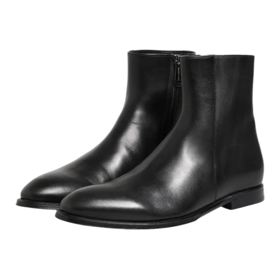 Black Leather Mid Calf Zipper Boots
