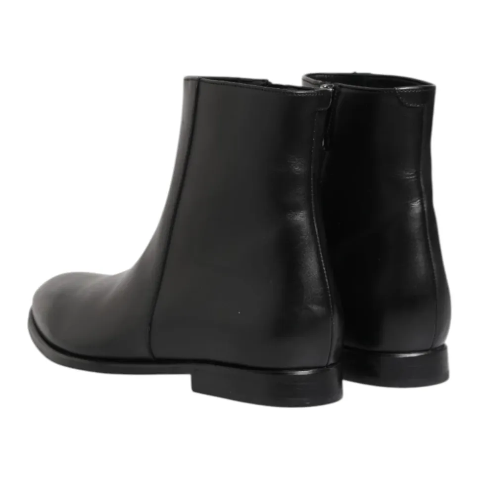 Black Leather Mid Calf Zipper Boots