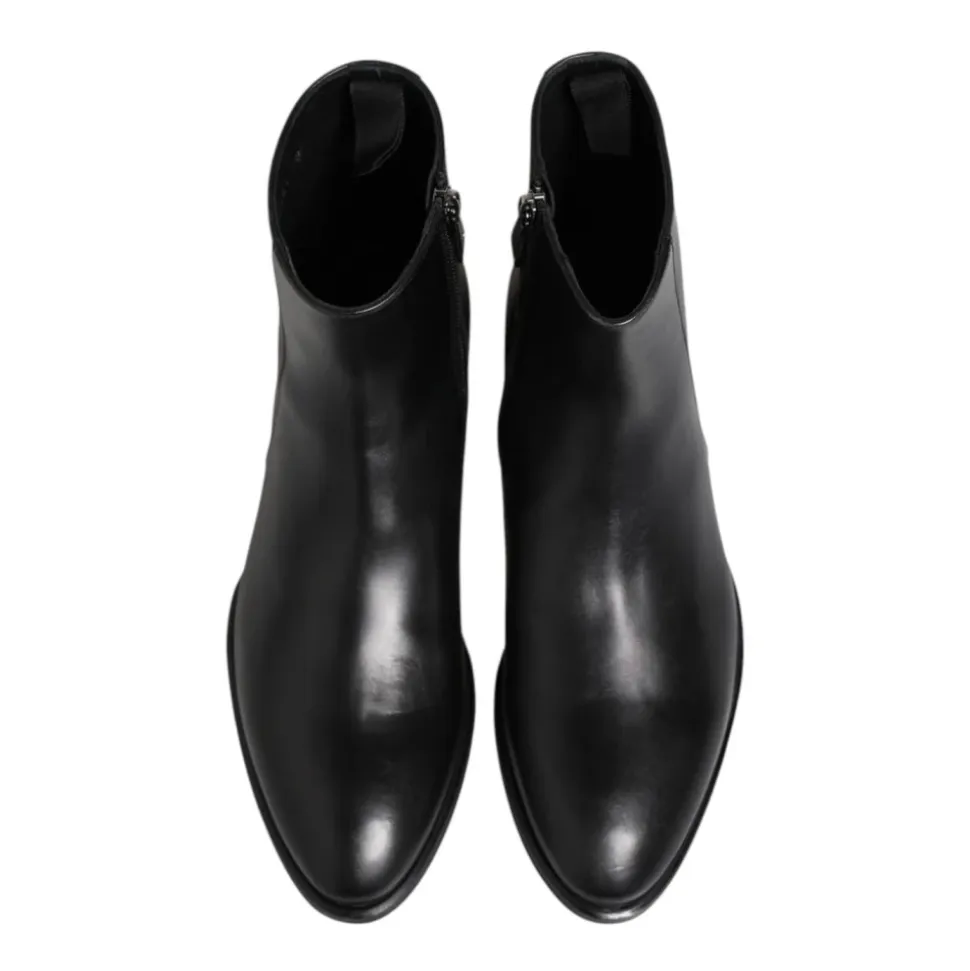 Black Leather Mid Calf Zipper Boots