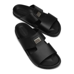 Black Leather Sandals Flat Rubber Sole