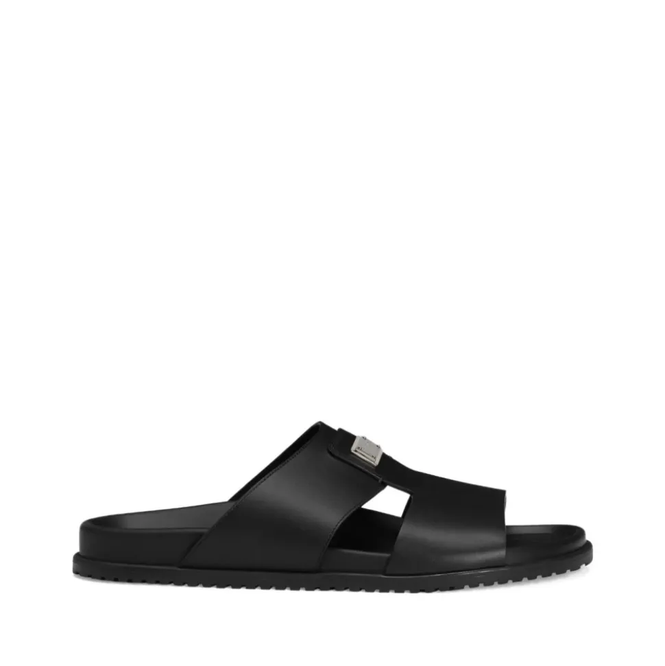 Black Leather Sandals Flat Rubber Sole