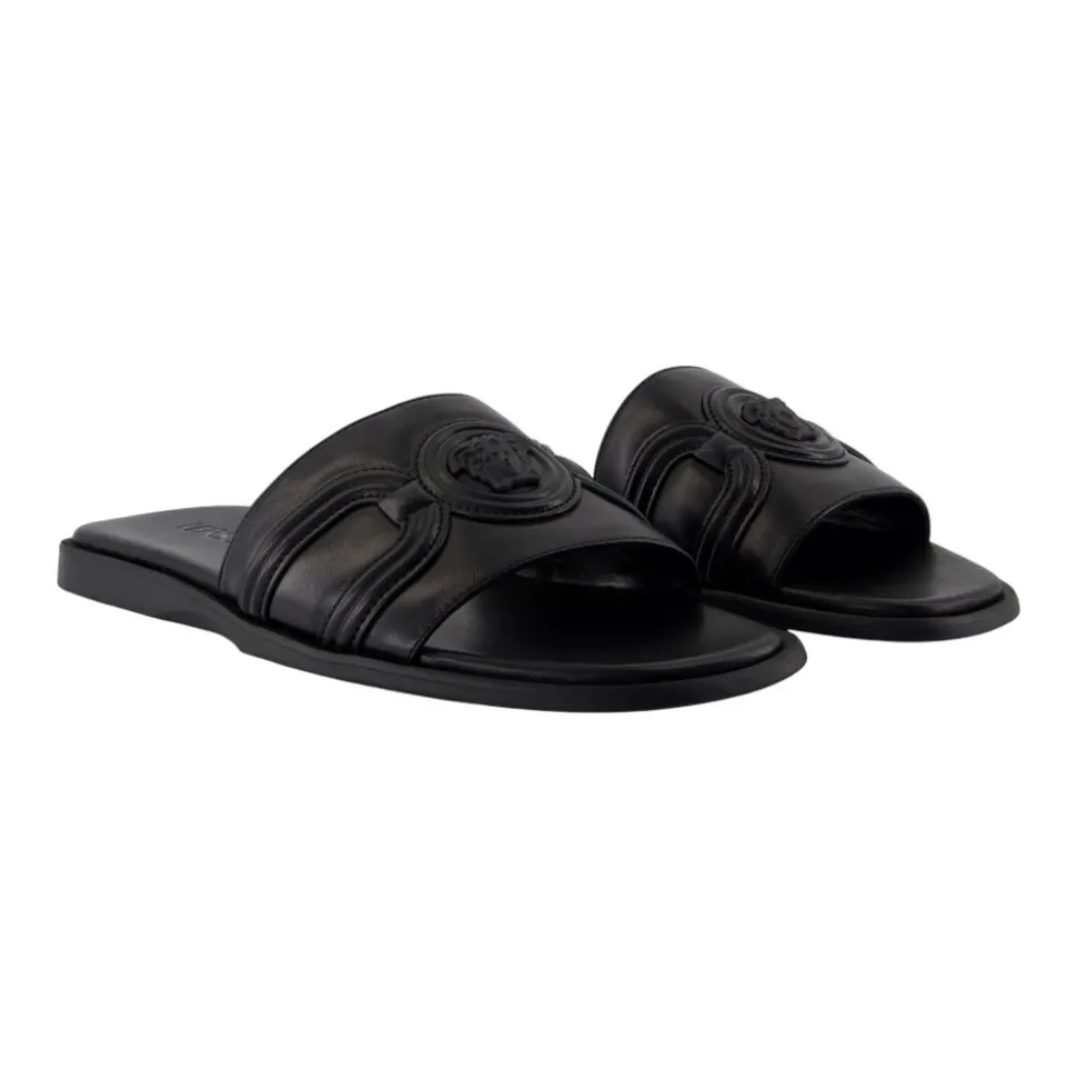 Black Leather Sandals with Brass Details