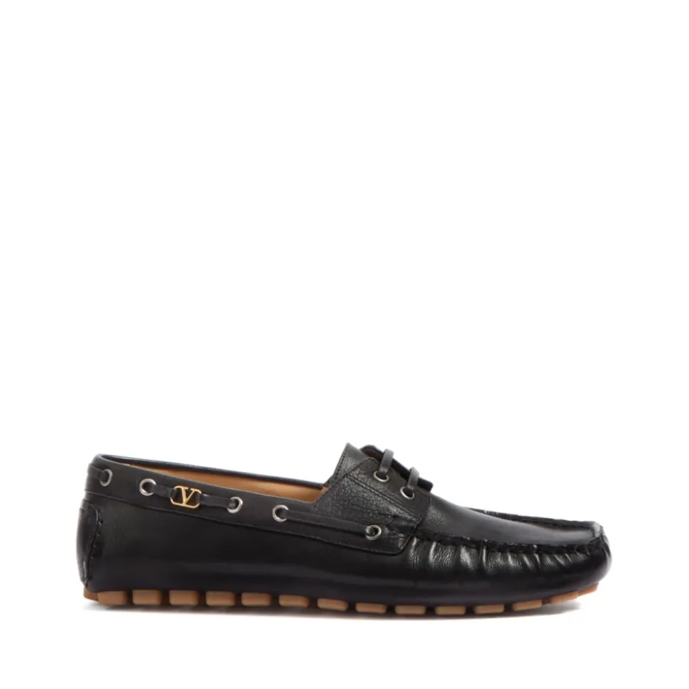 Black Leather VLogo Slip-On Shoes
