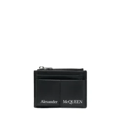 Black Leather Wallet with Logo Print Card Holder