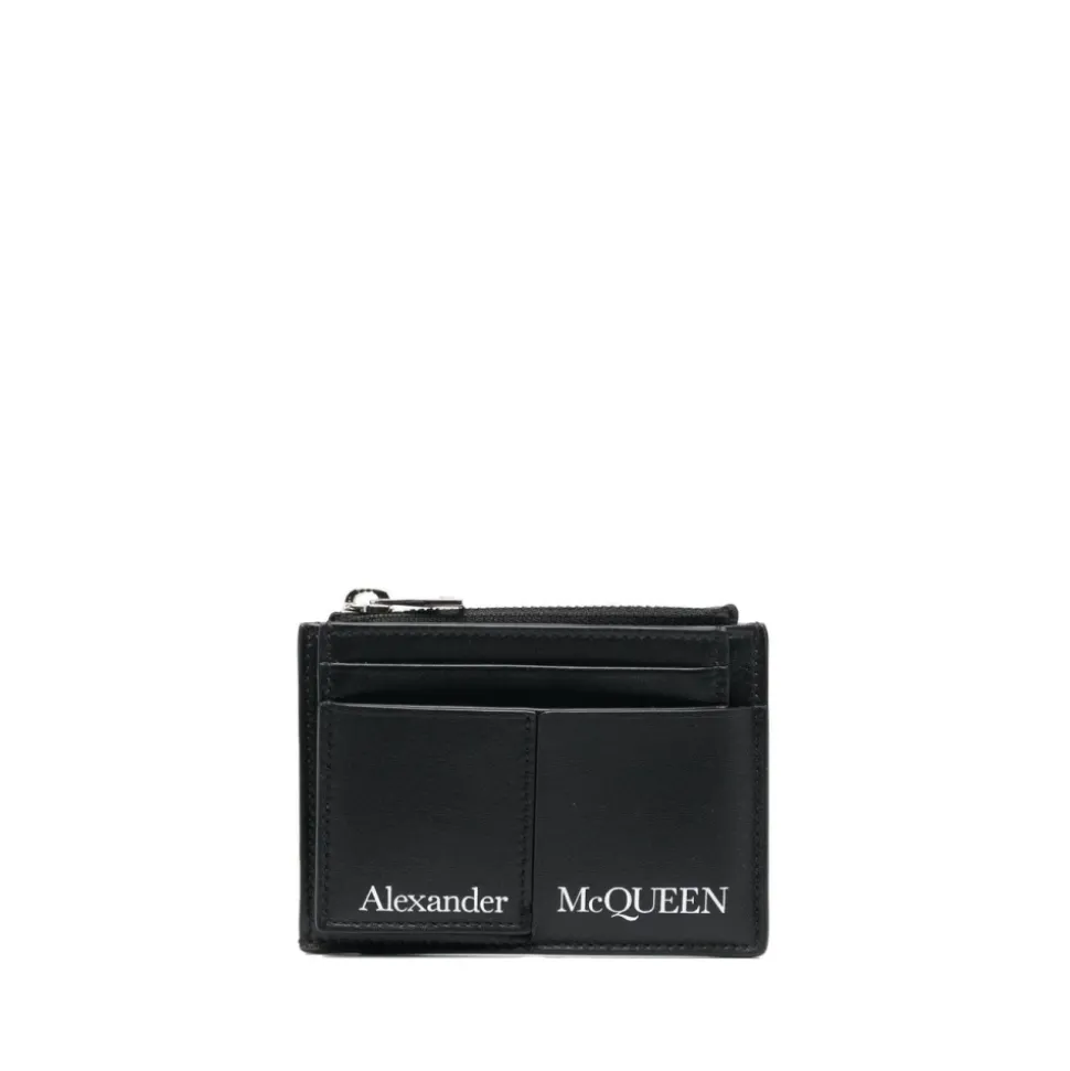 Black Leather Wallet with Logo Print Card Holder