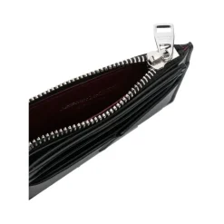 Black Leather Wallet with Logo Print Card Holder