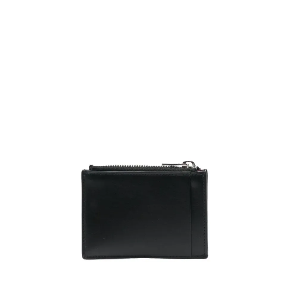Black Leather Wallet with Logo Print Card Holder