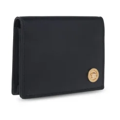 Black Leather Wallet with Medusa Appliqué