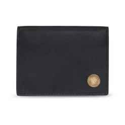 Black Leather Wallet with Medusa Appliqué