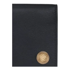 Black Leather Wallet with Medusa Appliqué