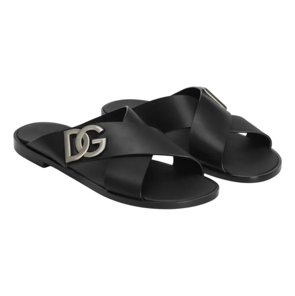 Black Logoed Calfskin Sandals