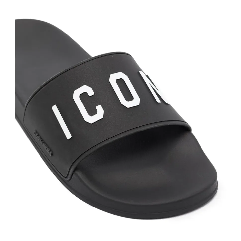 Black Logo Print Sandals