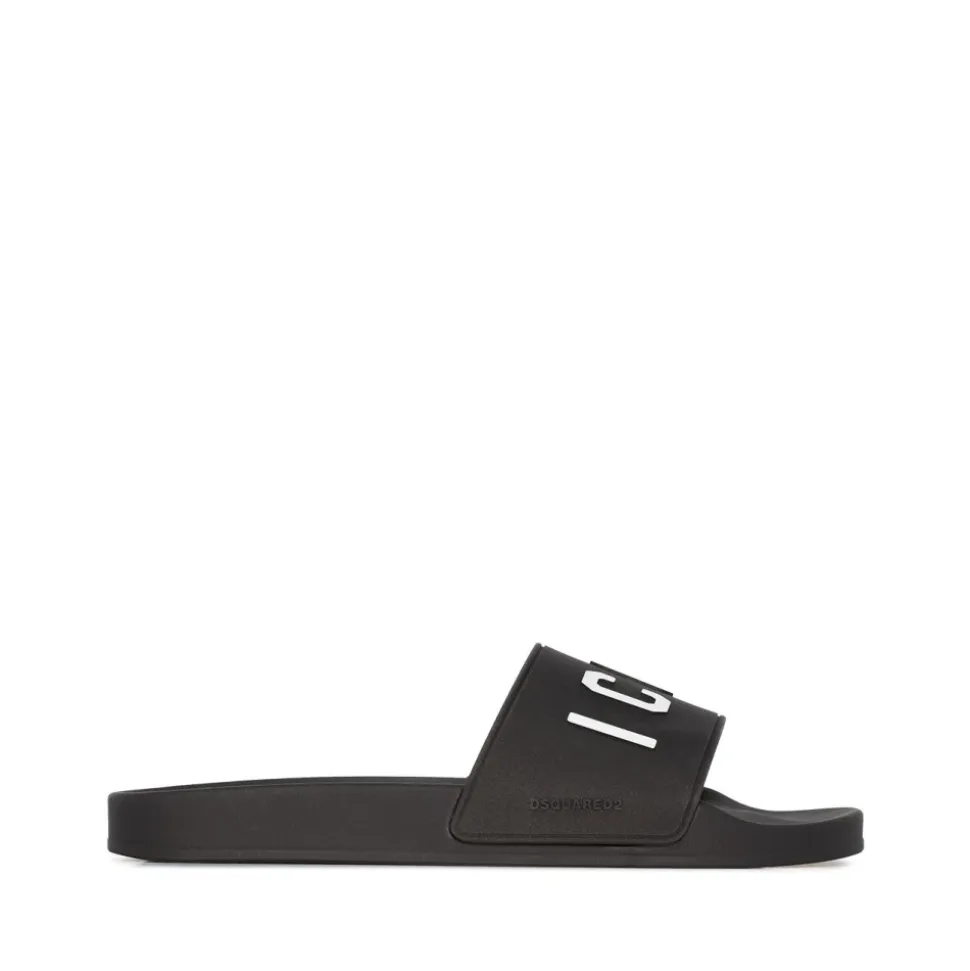 Black Logo Print Sandals