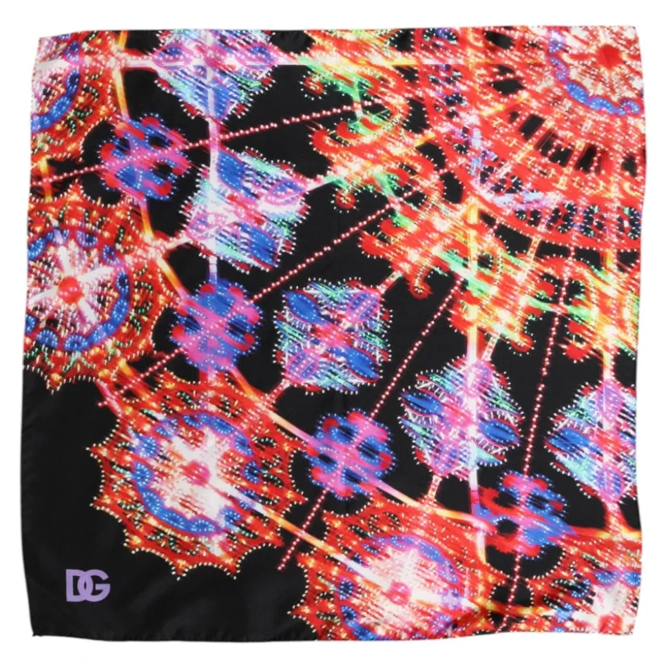 Black Multicolor Print Square Foulard Scarf