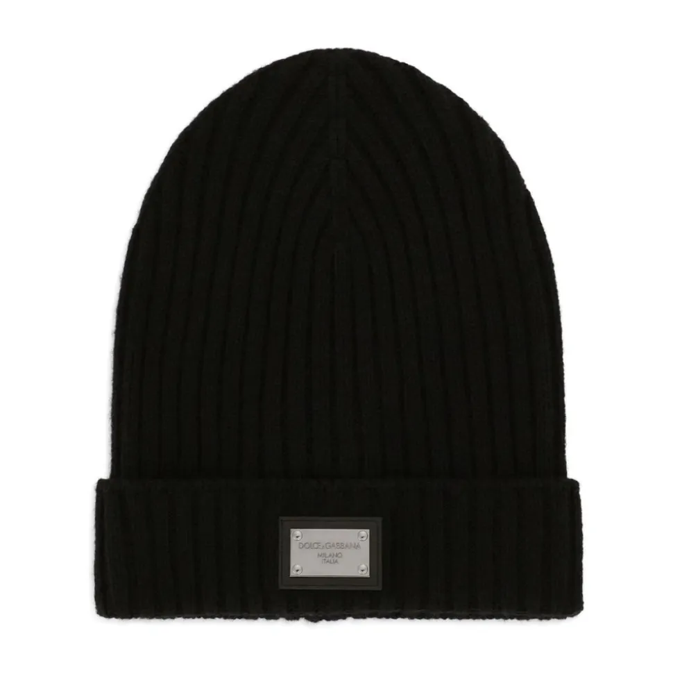 Black Ribbed Knit Hat with Logo