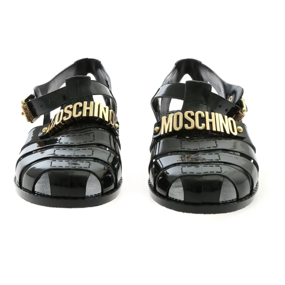 Black Rubber Beach Sandals with Golden Logo