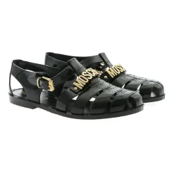 Black Rubber Beach Sandals with Golden Logo