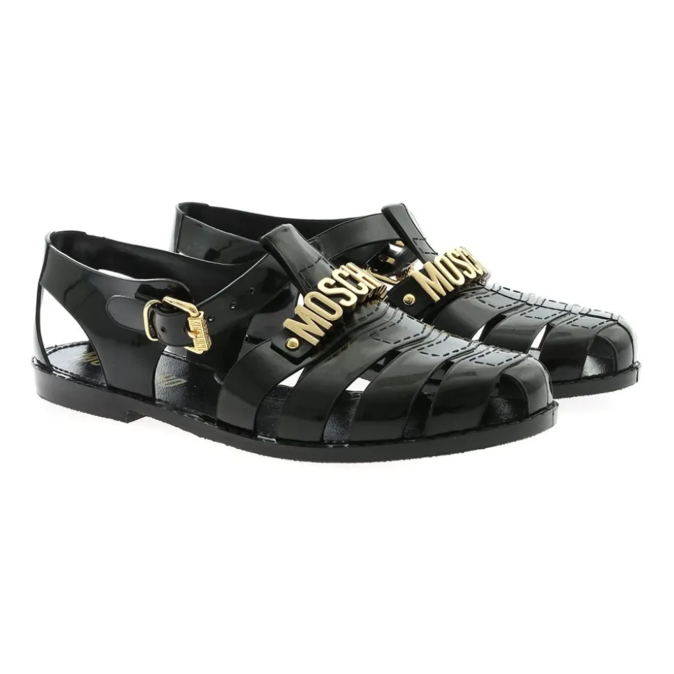 Black Rubber Beach Sandals with Golden Logo