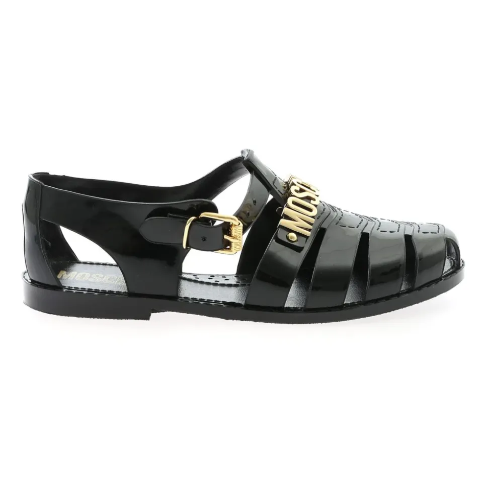Black Rubber Beach Sandals with Golden Logo