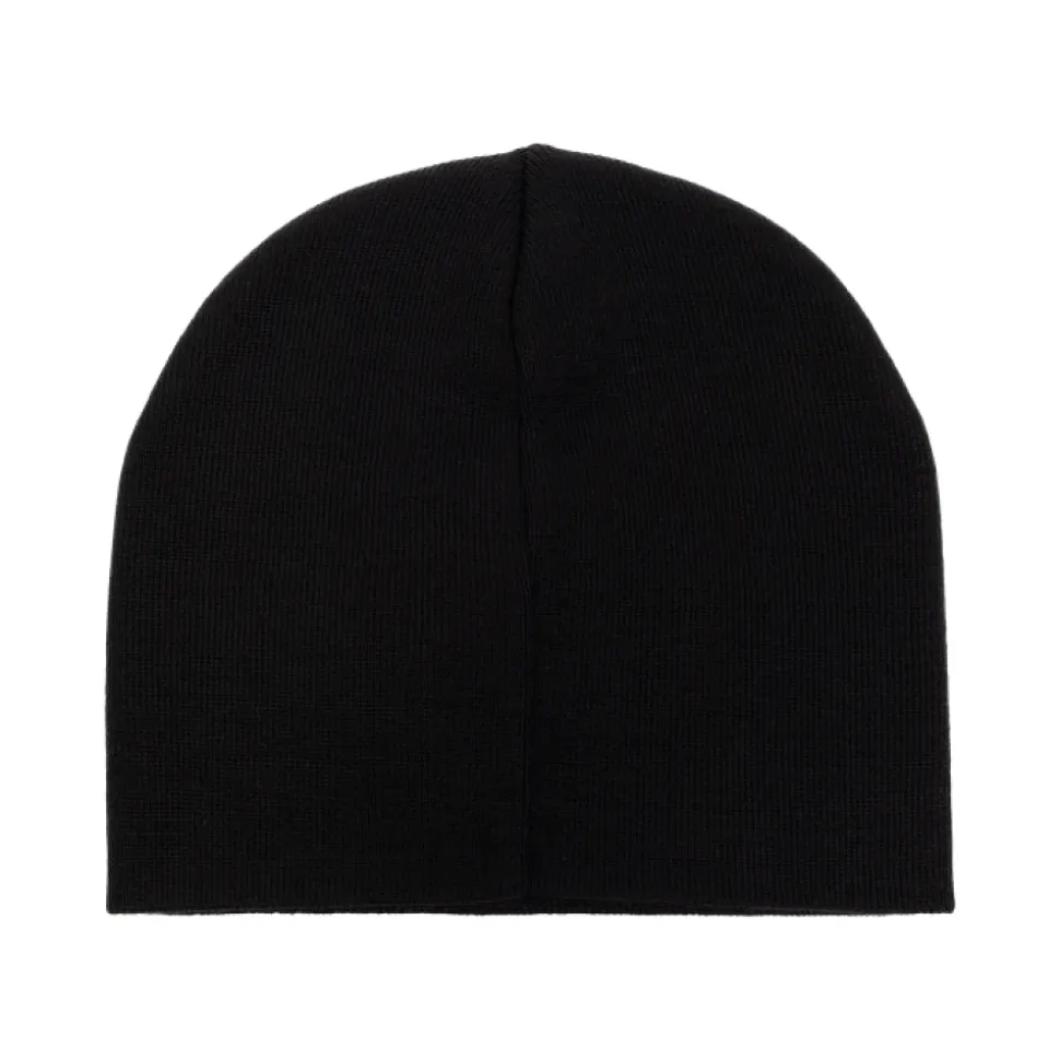 Black Wool Beanie with Logo Embroidery
