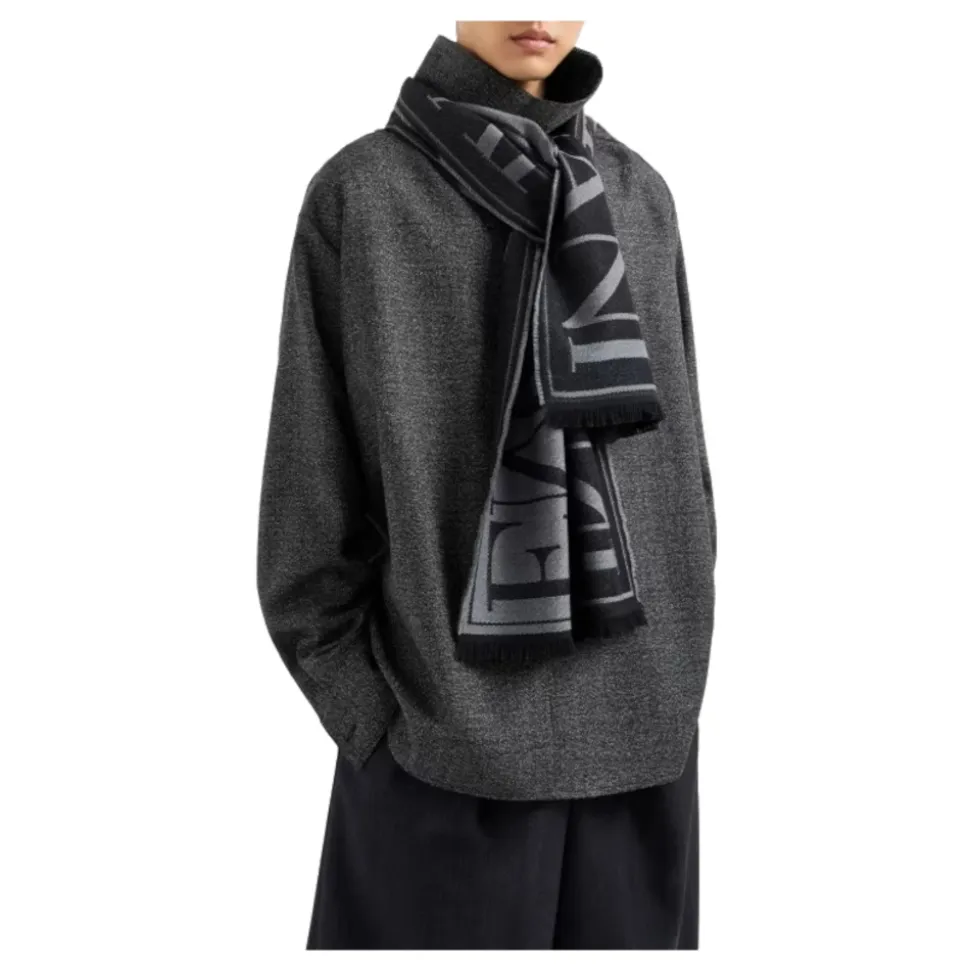 Black Wool Jacquard Scarf with Maxi Lettering