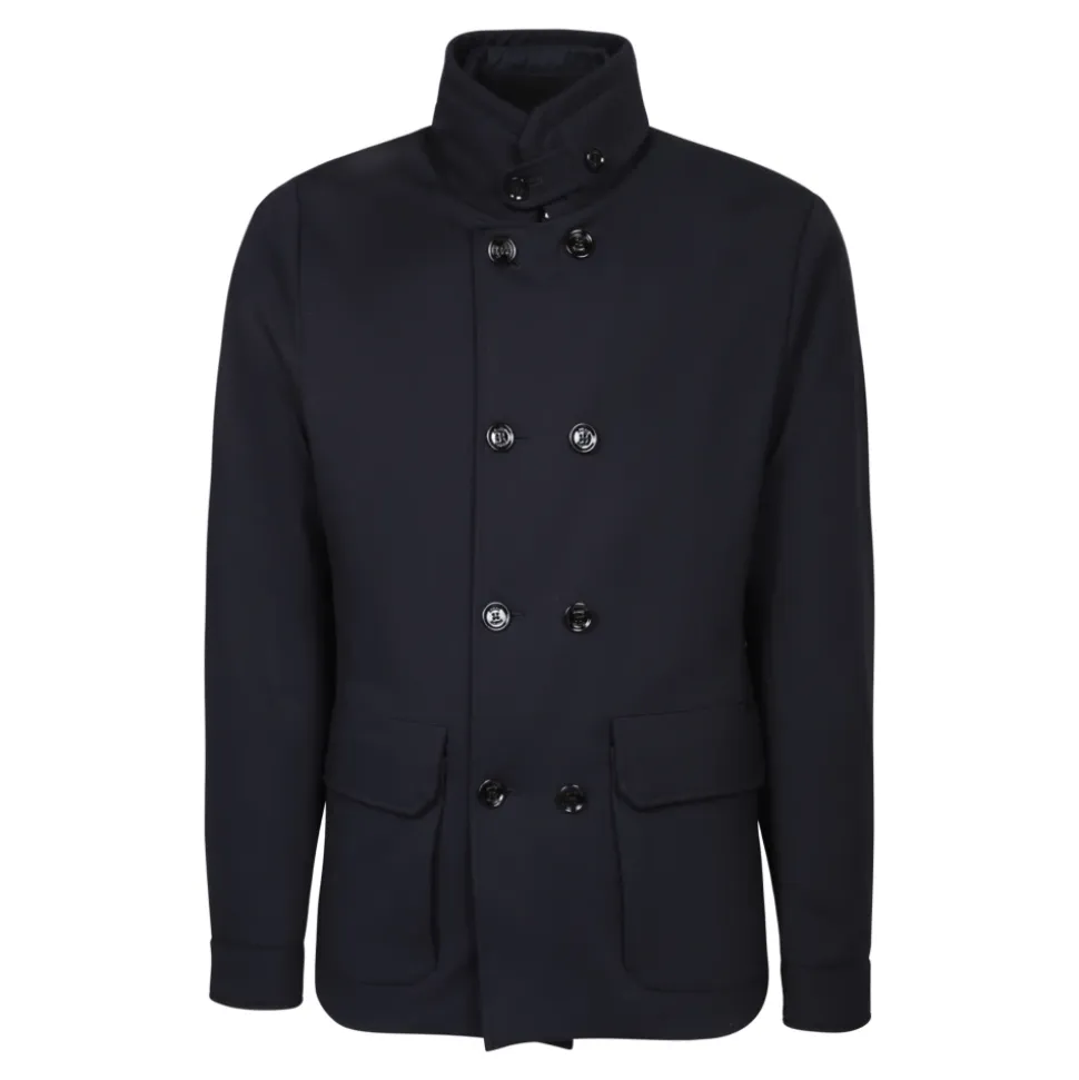 Blue Double-Breasted Three-Quarter Coat