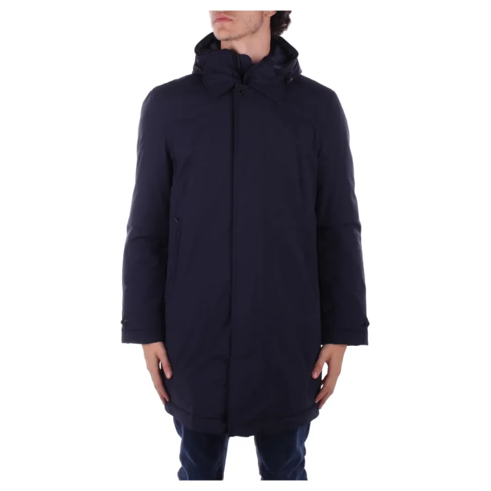 Blue Hooded Coat with Buttons and Zipper