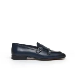 Blue Leather Monk Strap Shoes