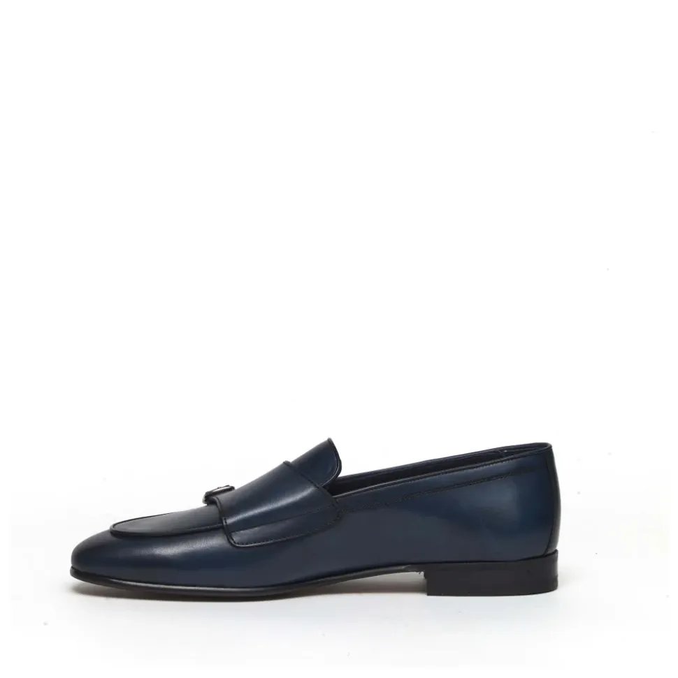 Blue Leather Monk Strap Shoes