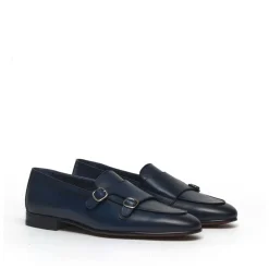 Blue Leather Monk Strap Shoes