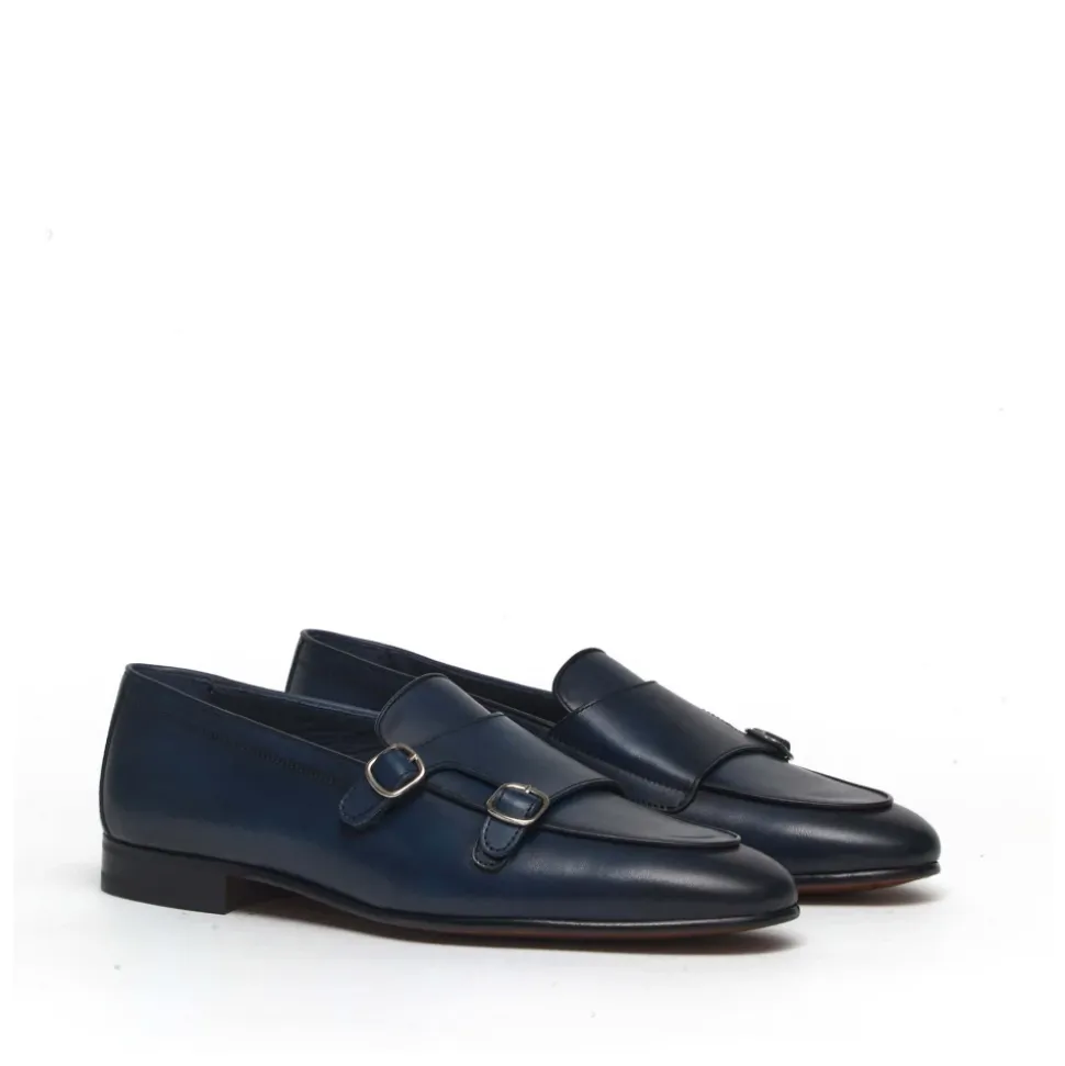Blue Leather Monk Strap Shoes