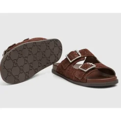 Brown Leather Flat Sole Slides