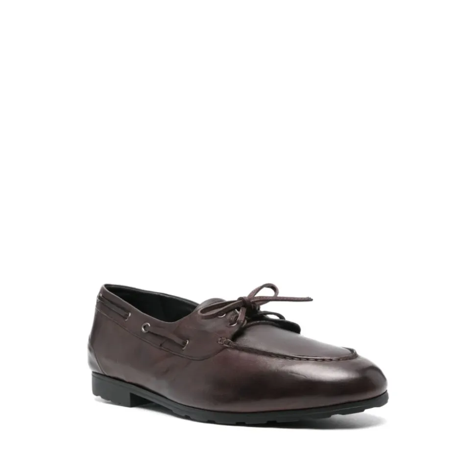 Brown Leather Lace-Up Flat Shoes
