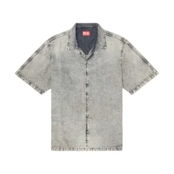 Denim Short-Sleeve Shirt with Concealed Front