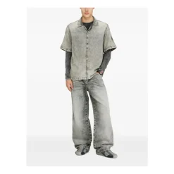 Denim Short-Sleeve Shirt with Concealed Front