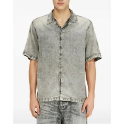 Denim Short-Sleeve Shirt with Concealed Front
