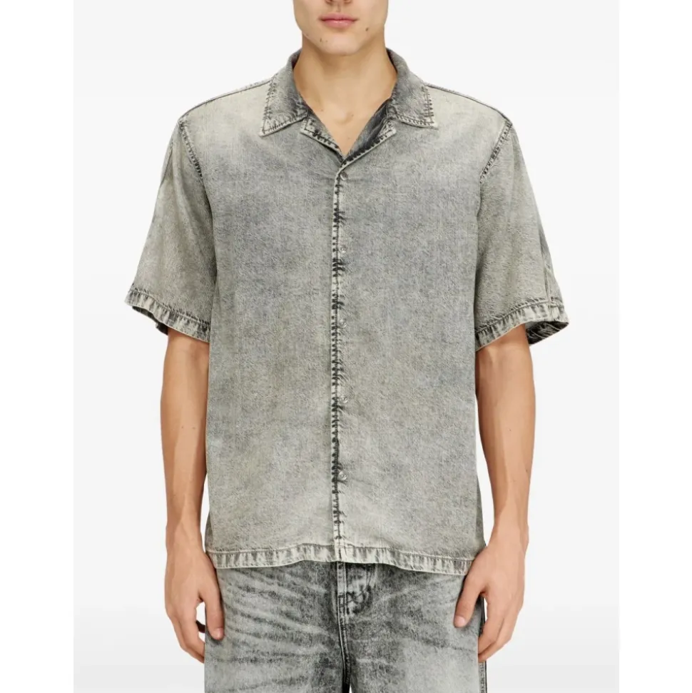 Denim Short-Sleeve Shirt with Concealed Front