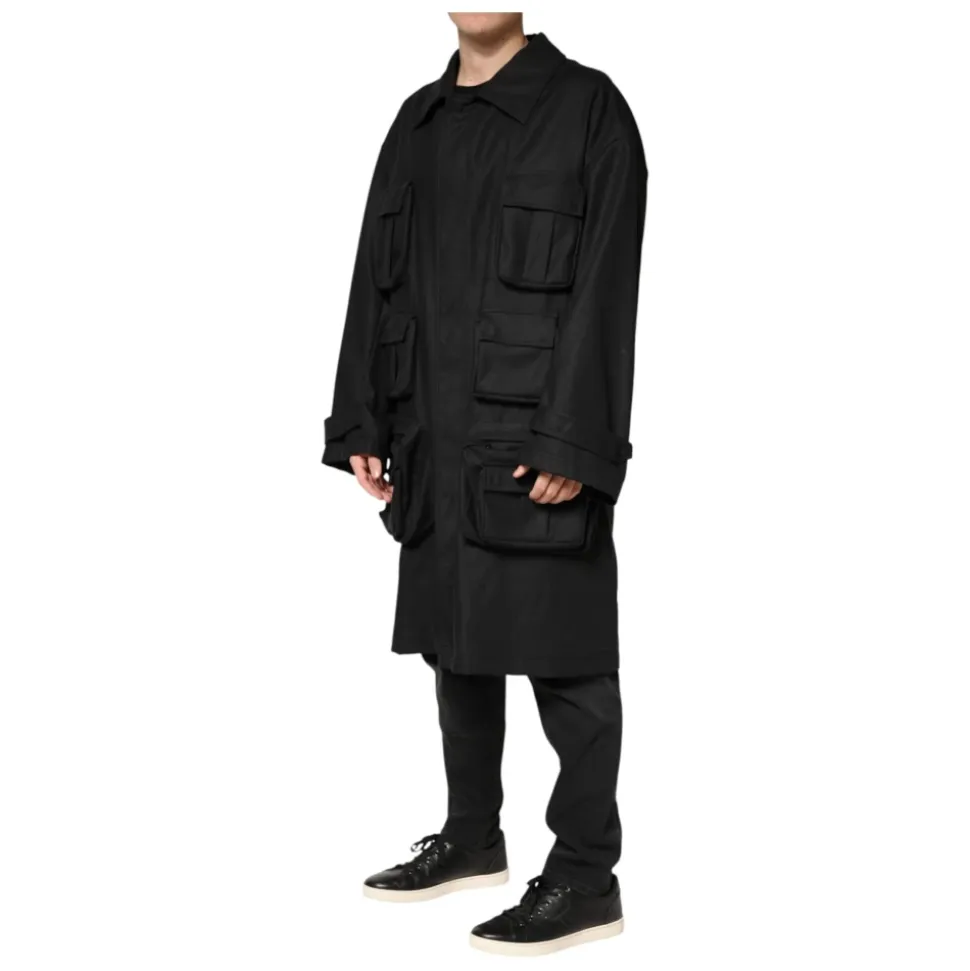 Dolce & Gabbana Black Pockets Collared Trench Coat Jacket
