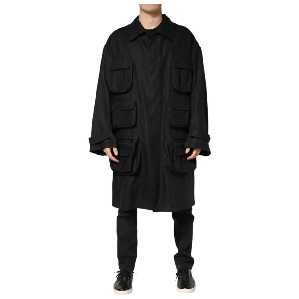Dolce & Gabbana Black Pockets Collared Trench Coat Jacket