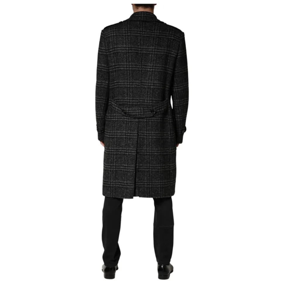 Dolce & Gabbana Grey Double Breasted Plaid Wool Coat Jacket