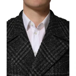 Dolce & Gabbana Grey Double Breasted Plaid Wool Coat Jacket