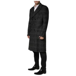 Dolce & Gabbana Grey Double Breasted Plaid Wool Coat Jacket