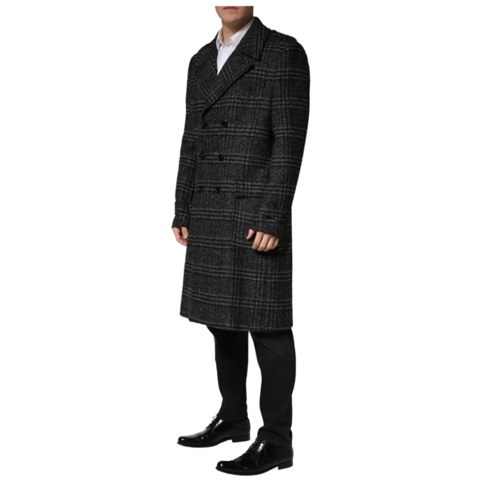 Dolce & Gabbana Grey Double Breasted Plaid Wool Coat Jacket