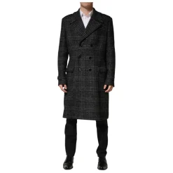 Dolce & Gabbana Grey Double Breasted Plaid Wool Coat Jacket