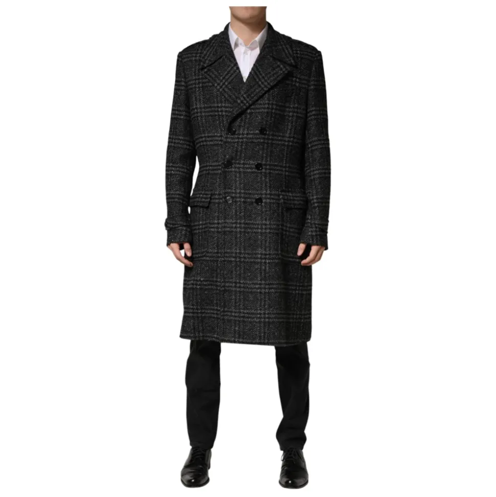Dolce & Gabbana Grey Double Breasted Plaid Wool Coat Jacket