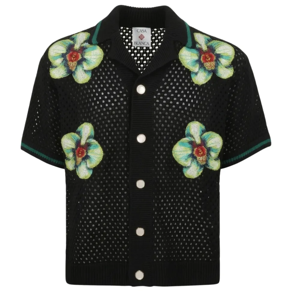 Glitch Orchid Embroidered Short Sleeve Crochet Shirt