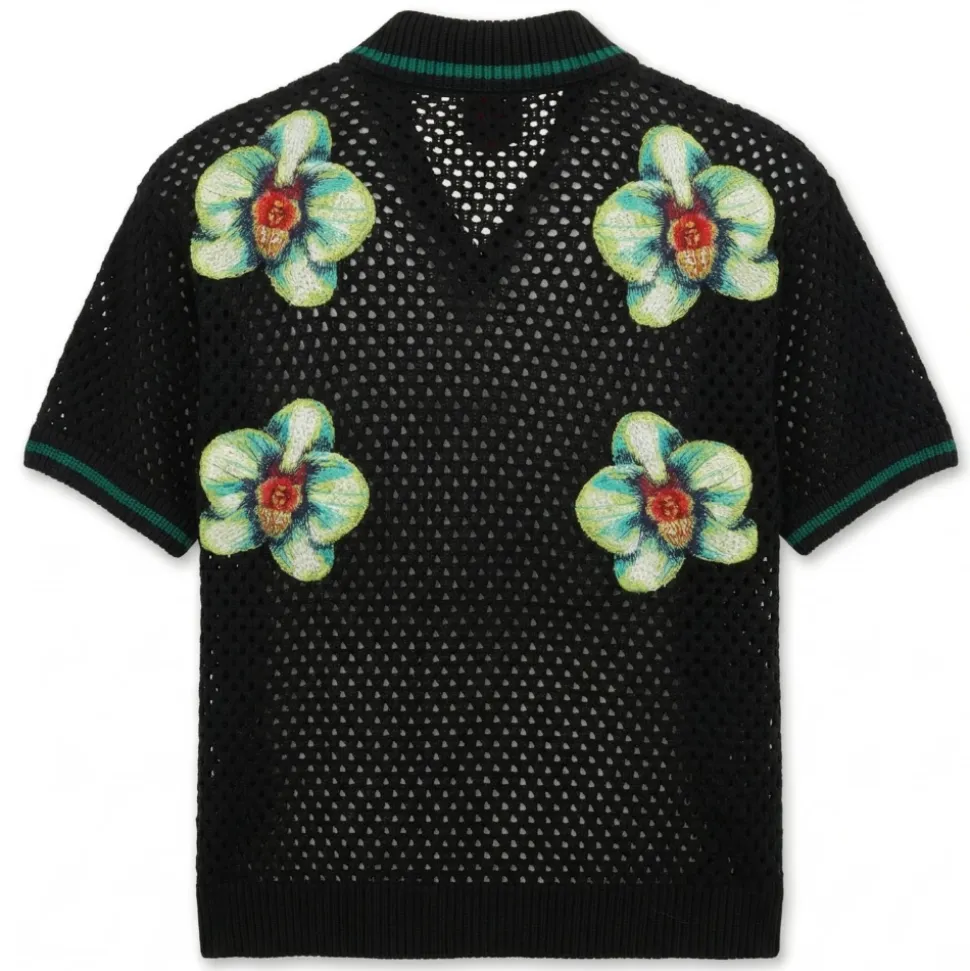 Glitch Orchid Embroidered Short Sleeve Crochet Shirt