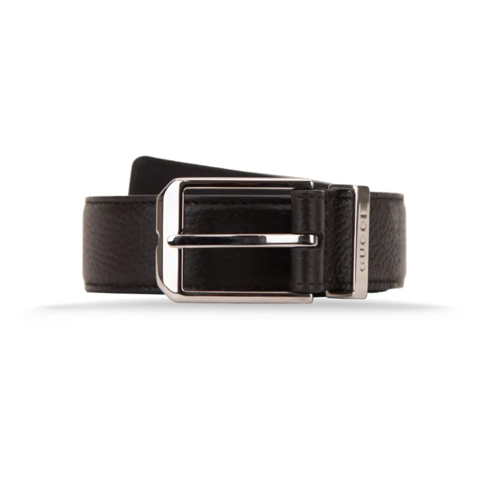 Grained Leather Logo Buckle Belt